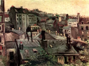 Hand-painted View of Roofs and Backs of Houses by Van Gogh – urban skyline with textured brushstrokes.