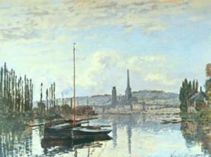 Hand-painted View of Rouen reproduction by Claude Monet – hazy city spires with textured brushstrokes – oil on linen