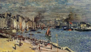 Hand-painted View of the Old Outer Harbor at Le Havre by Monet – masts backlit with textured brushstrokes on linen