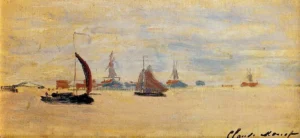 Hand-painted View of the Voorzaan reproduction by Claude Monet – textured brushstrokes of sailboats on rippling water.