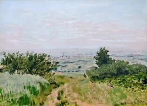 Hand-painted View to the Plain of Argenteuil reproduction by Claude Monet – distant poplars and textured brushstrokes