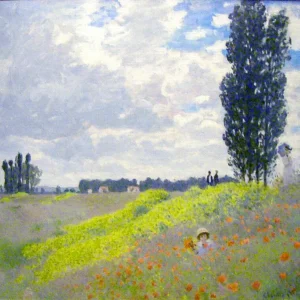 Hand-painted Walk in the Meadows reproduction by Claude Monet – lush green fields and textured brushstrokes.