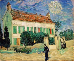 Hand-painted White House at Night reproduction by Vincent Van Gogh – glowing star and textured brushstrokes.