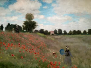 Hand-painted Wild Poppies reproduction by Claude Monet – vibrant red flowers with textured brushstrokes on linen.