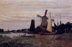 Hand-painted Windmill at Zaandam reproduction by Claude Monet – textured brushstrokes of orange sails on water.