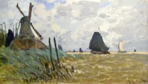 Hand-painted Windmill near Zaandam reproduction by Claude Monet – textured brushstrokes of orange sails against a grey sky