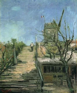 Hand-painted Windmill on Montmartre reproduction by Vincent Van Gogh – rustic fence and vibrant, textured brushstrokes
