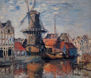 Hand-painted Windmill on the Onbekende Canal reproduction by Monet – orange sails and textured brushstrokes.