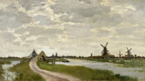 Hand-painted Windmills at Haaldersbroek reproduction by Claude Monet – orange sails with textured brushstrokes.