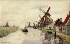 Hand-painted Windmills in Holland reproduction by Claude Monet – vibrant skies with textured brushstrokes.