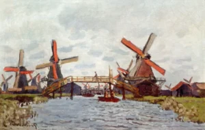 Hand-painted Windmills near Zaandam reproduction by Claude Monet – textured brushstrokes showing river ripples.
