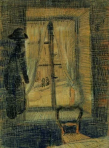 Hand-painted Window in the Bataille Restaurant reproduction by Van Gogh – light on tables with textured brushstrokes