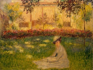 Hand-painted Woman in a Garden reproduction by Claude Monet – white dress with textured brushstrokes – oil on linen