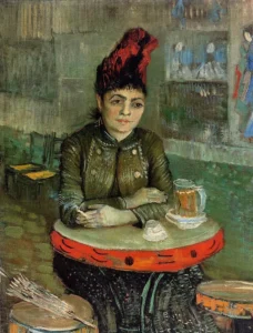Hand-painted Woman in the Cafe Tambourin reproduction by Vincent Van Gogh – textured brushstrokes of Japanese prints.