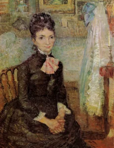 Hand-painted Woman Sitting by a Cradle reproduction by Vincent Van Gogh – red fire glow with textured brushstrokes.