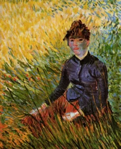 Hand-painted Woman Sitting in the Grass reproduction by Vincent Van Gogh – vibrant textured brushstrokes of a figure.
