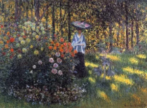 Hand-painted Woman with a Parasol reproduction by Claude Monet – textured brushstrokes of a breezy summer garden.