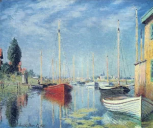 Hand-painted Yachts At Argenteuil reproduction by Claude Monet – white sails and textured brushstrokes.