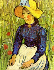 Hand-painted Young Peasant Girl reproduction by Van Gogh – yellow wheat and textured brushstrokes – oil on linen