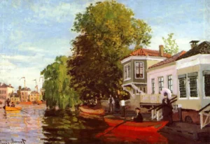 Hand-painted Zaan at Zaandam reproduction by Claude Monet – textured brushstrokes of a riverside house on linen.
