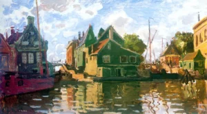 Hand-painted Zaandam, Canal reproduction by Claude Monet – wobbly mast reflections and textured brushstrokes.