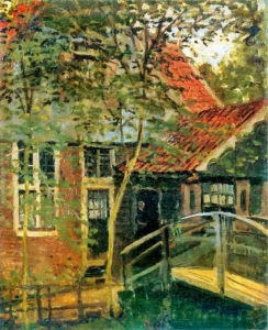 Hand-painted Zaandam, Little Bridge reproduction by Claude Monet – a wooden footbridge with textured brushstrokes.