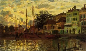 Hand-painted Zaandam, The Dike, Evening reproduction by Claude Monet – glowing sky and textured brushstrokes.