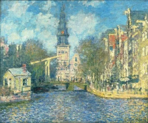 Hand-painted Zuiderkerk in Amsterdam reproduction by Claude Monet – textured brushstrokes on the canal water.