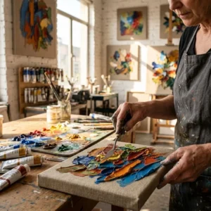 Master artist applying thick impasto to hand-painted oil painting in DafenArts studio