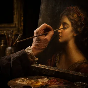 Close-up of a DafenArts studio artist hand-painting fine details on an oil painting