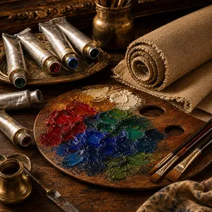Oil paints, brushes, and linen canvas prepared for a handmade oil painting