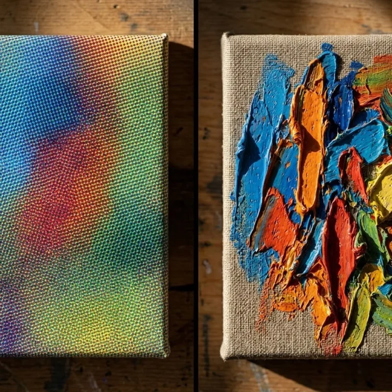 Side-by-side macro comparison of flat canvas print vs textured hand-painted oil painting reproduction