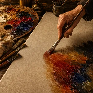 Macro view of a DafenArts master artist applying the very first thick, juicy stroke of warm oil paint onto a raw, blank organic Belgian linen canvas. With a loaded wooden palette in the background, this image serves as visual proof of our 'Zero Machine Printing' standard鈥攃onfirming every artwork is 100% hand-painted from scratch without any digital or gicl茅e print underlays.