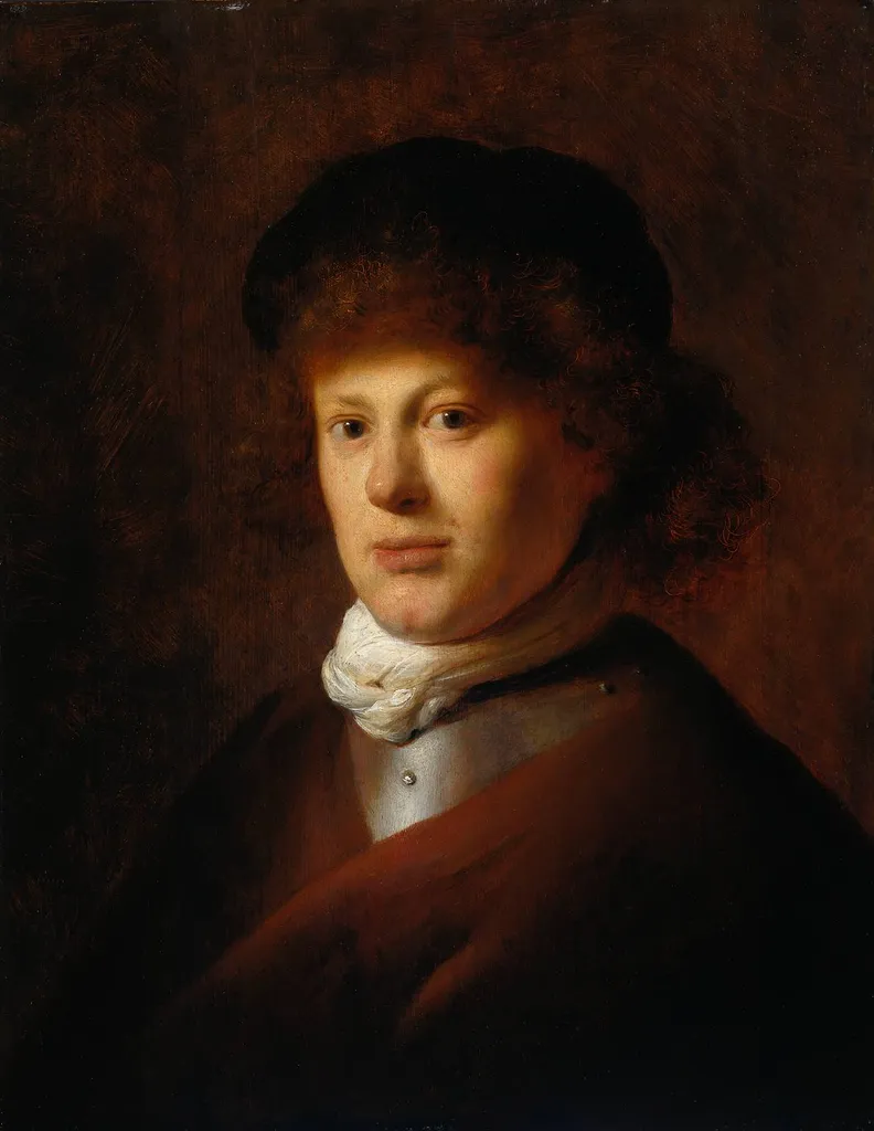 Hand-painted oil painting reproduction of Rembrandt van Rijn self-portrait demonstrating dramatic chiaroscuro and impasto highlights