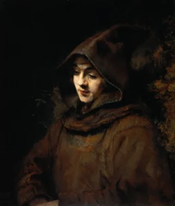 Titus van Rijn in a Monk`s Habit – Contemplative – Textured Canvas hand-painted oil painting by DafenArts