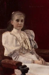 Young Girl Seated – Innocent Gaze – Textured Oil
