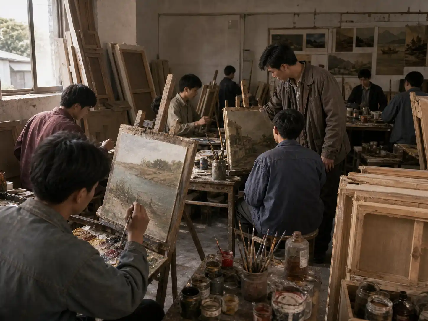 Inside an authentic DafenArts art studio, meticulously arranged to reflect true artistic soul rather than an industrial factory setting, where experienced masters paint classical oil reproductions.