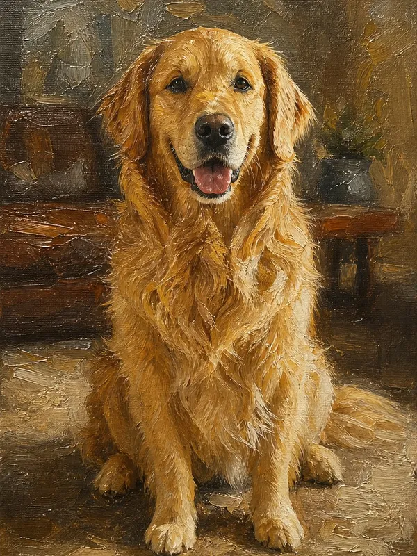 Bespoke hand-painted pet oil portrait of a golden retriever, classical English salon style, heavy textured oil on prepared canvas, gallery quality