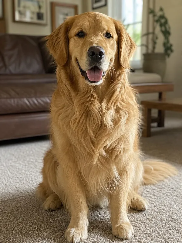 Flat digital original mobile photo of a golden retriever pet before oil painting transformation