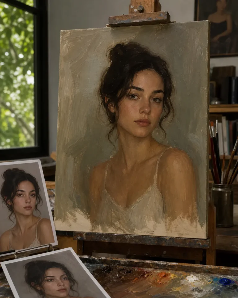 custom portrait oil painting in progress on an easel with the source photo visible beside the canvas