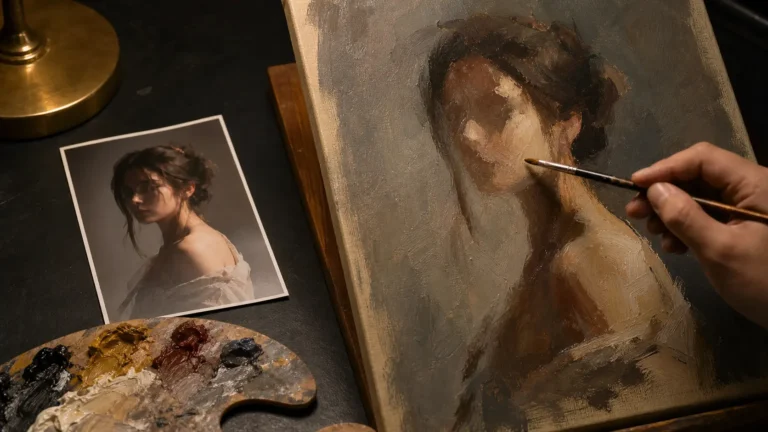 editorial illustration of a custom portrait oil painting reference photo beside a painted canvas in progress