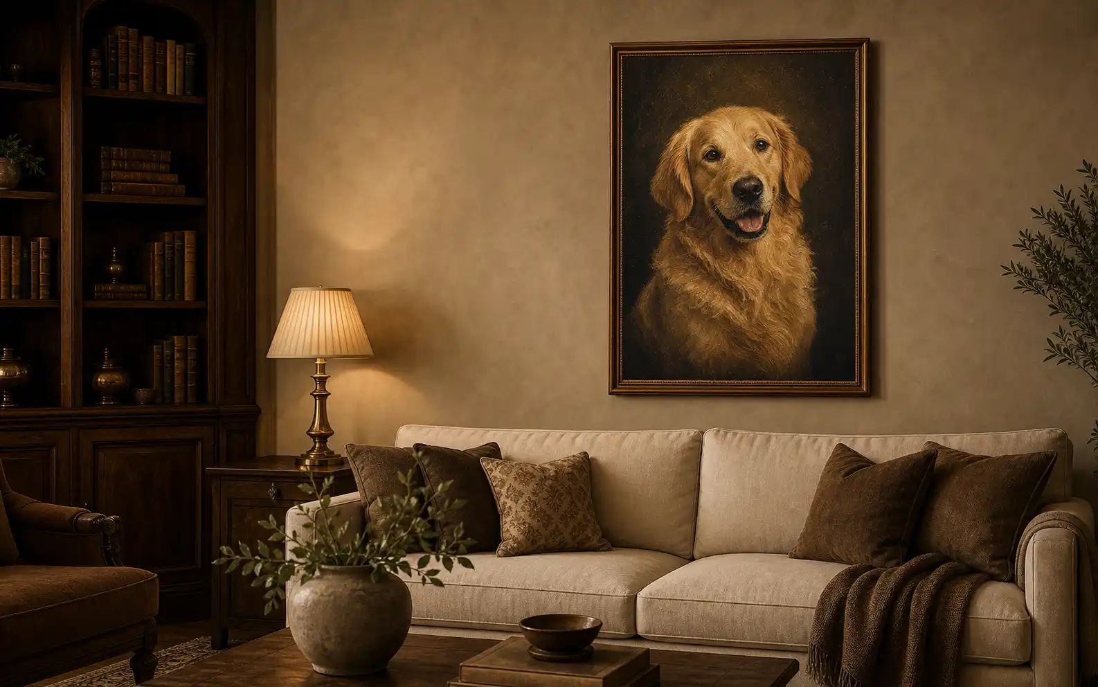Framed golden retriever pet oil portrait living room