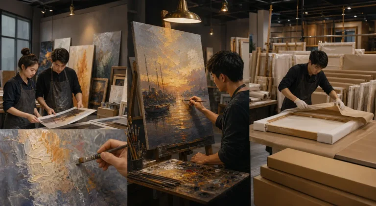 editorial illustration of Dafen hand-painted oil painting workflow from reference review to canvas painting and packing