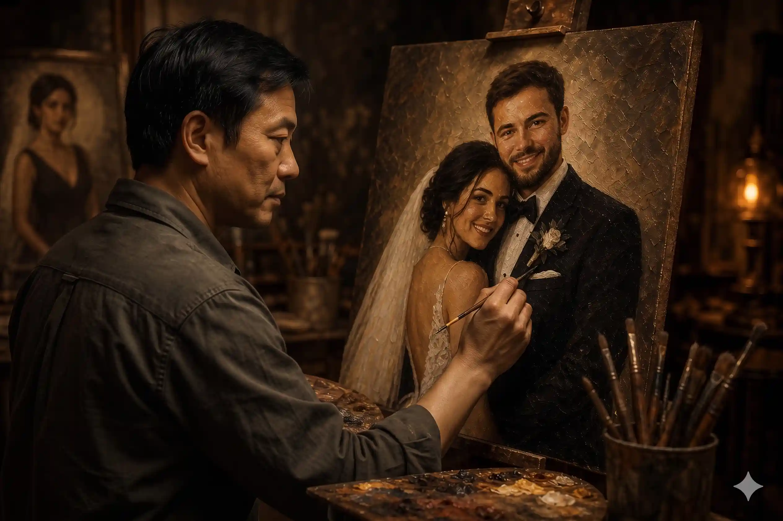 Master artist painting custom wedding portrait in studio