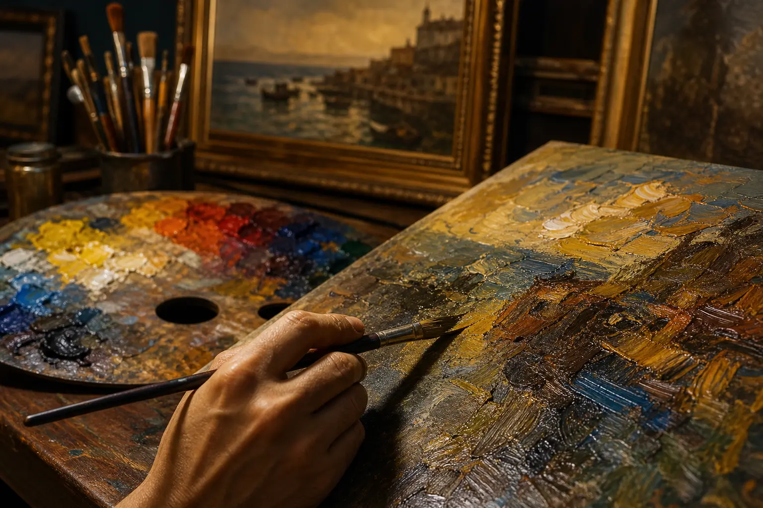editorial illustration of hand-painted oil painting brushwork texture on canvas