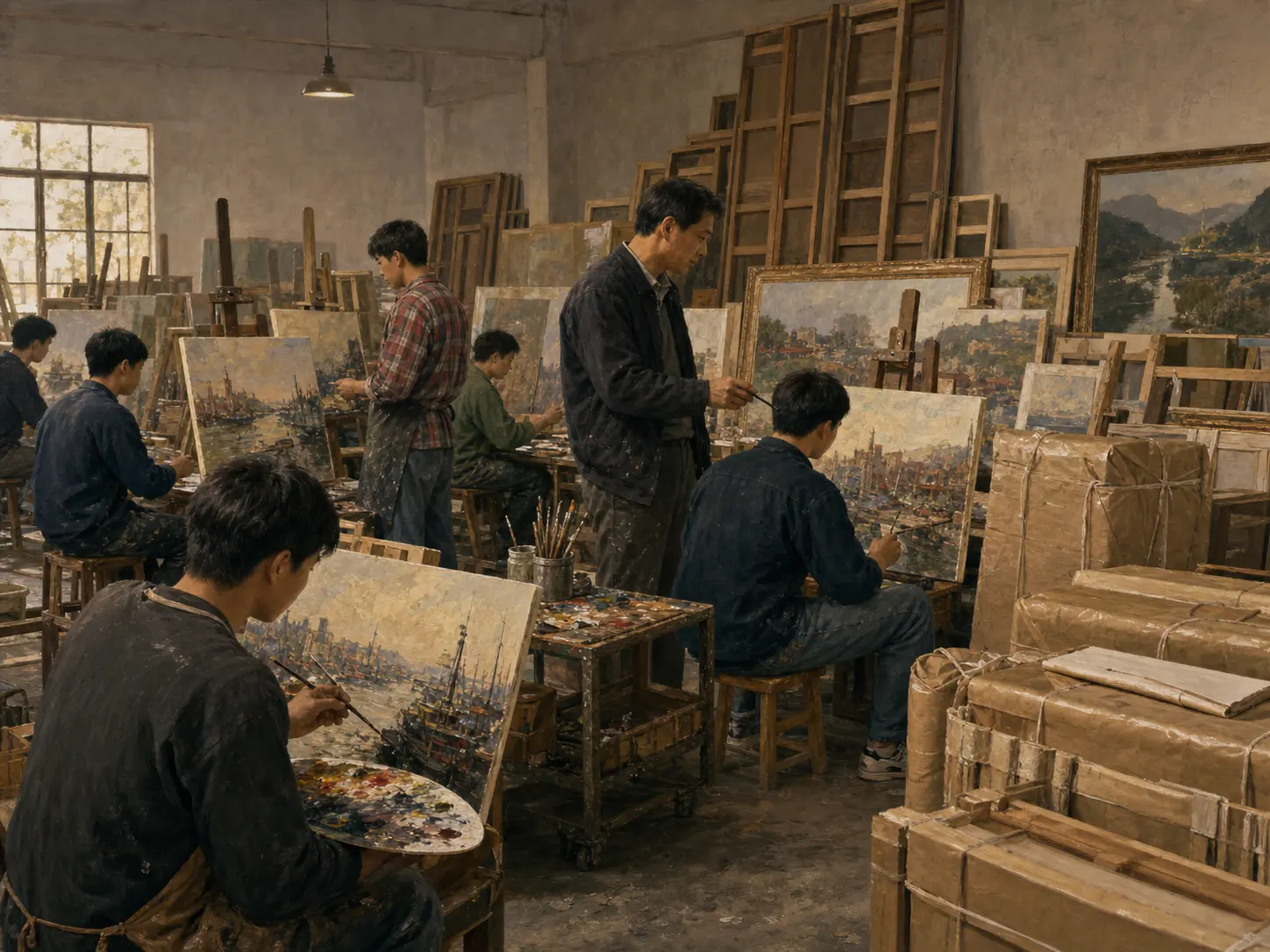 editorial illustration of an early Dafen oil painting workshop with painters, canvas racks, and packed paintings