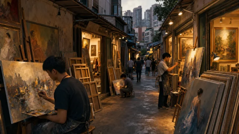 editorial illustration of Dafen Oil Painting Village history with artists painting beside gallery storefronts
