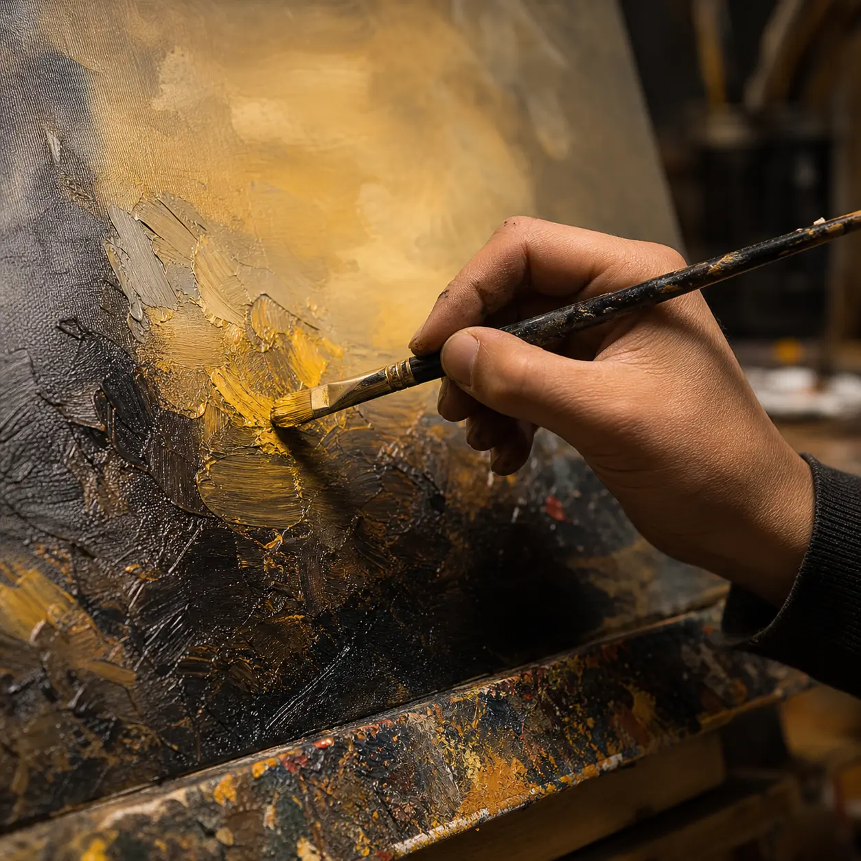 illustrative close-up of an artist applying impasto technique on a hand-painted oil painting canvas