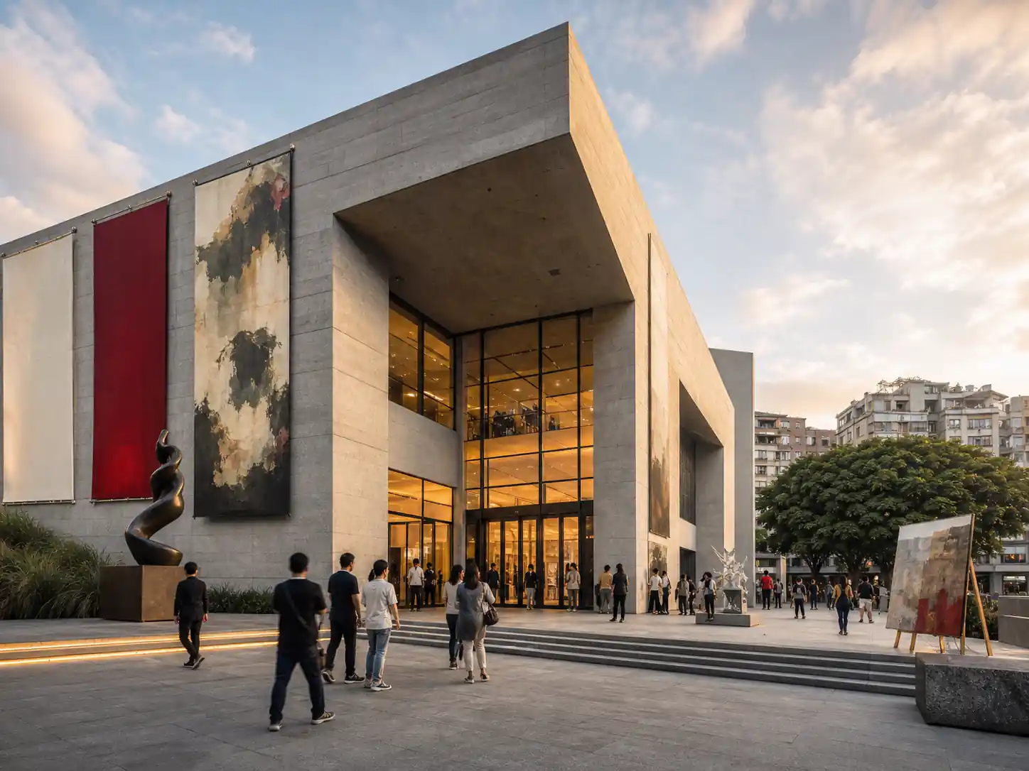Exterior view of a monumental contemporary art gallery showcasing DafenArts' museum-grade oil painting exhibitions and bespoke curation services.