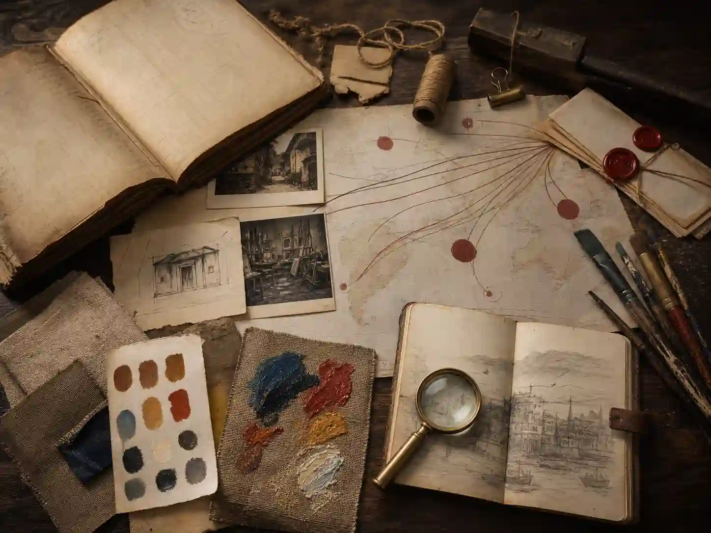A curator's antique desk featuring original sketches, oil pigment swatches, and a global delivery map sealed in royal wax, representing DafenArts' bespoke commission process.